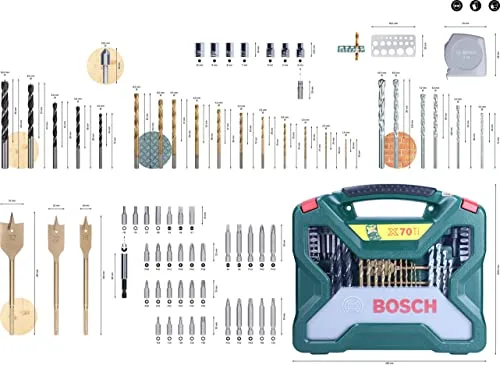 Bosch ▫️ 70 unidades. Conjunto de brocas e pontas de aparafusar X-Line em titânio (para madeira, alvenaria e metal; inclui fita métrica, brocas planas de fresagem, acessórios para berbequim e chave de fendas) 3