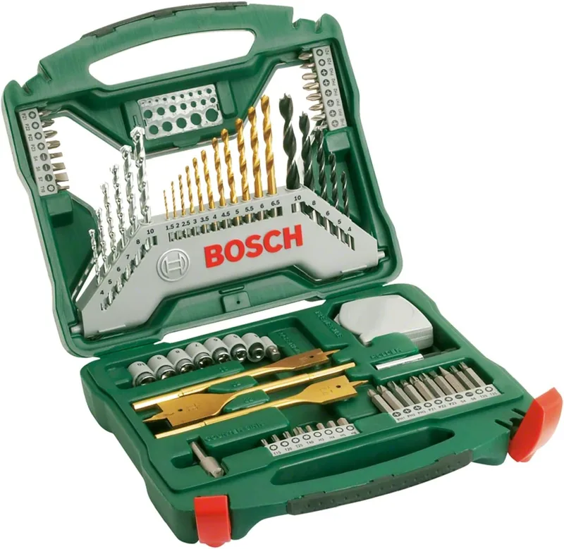 Bosch ▫️ 70 unidades. Conjunto de brocas e pontas de aparafusar X-Line em titânio (para madeira, alvenaria e metal; inclui fita métrica, brocas planas de fresagem, acessórios para berbequim e chave de fendas)