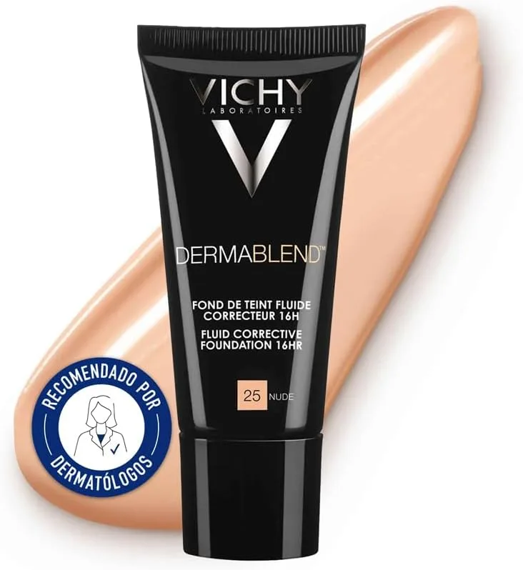 VICHY ▫️ Corrective Fluid Foundation, Alta cobertura durante 16 horas, Dissimula as imperfeições, Acabamento mate, Para todos os tipos de pele, Dermablend, Tonalidade: 25 Nude, 30 ml