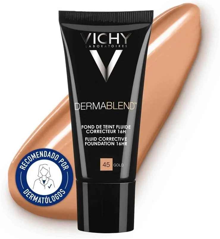VICHY ▫️ Corrective Fluid Foundation, Alta cobertura durante 16 horas, Dissimula as imperfeições, Acabamento mate, Para todos os tipos de pele, Dermablend, Tonalidade: 45 Gold, 30 ml