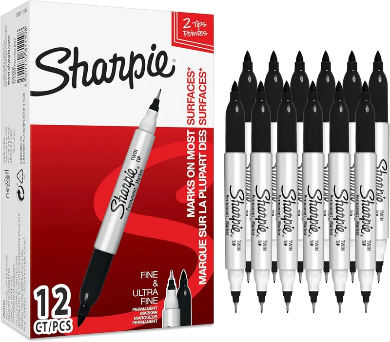 Sharpie ▫️ Marcador permanente de ponta dupla | pontas fina e ultrafina | cor preta | caixa com 12 marcadores | material escolar ideal