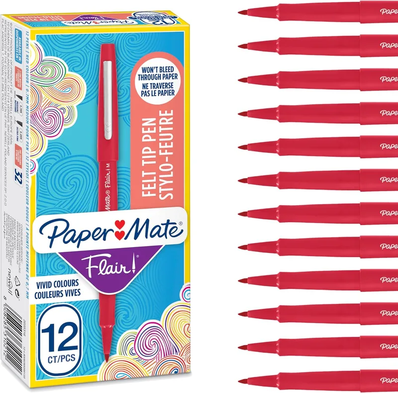 Paper Mate ▫️ Marcadores Flair com ponta de feltro | ponta média (0,7 mm) | vermelho | caixa de 12