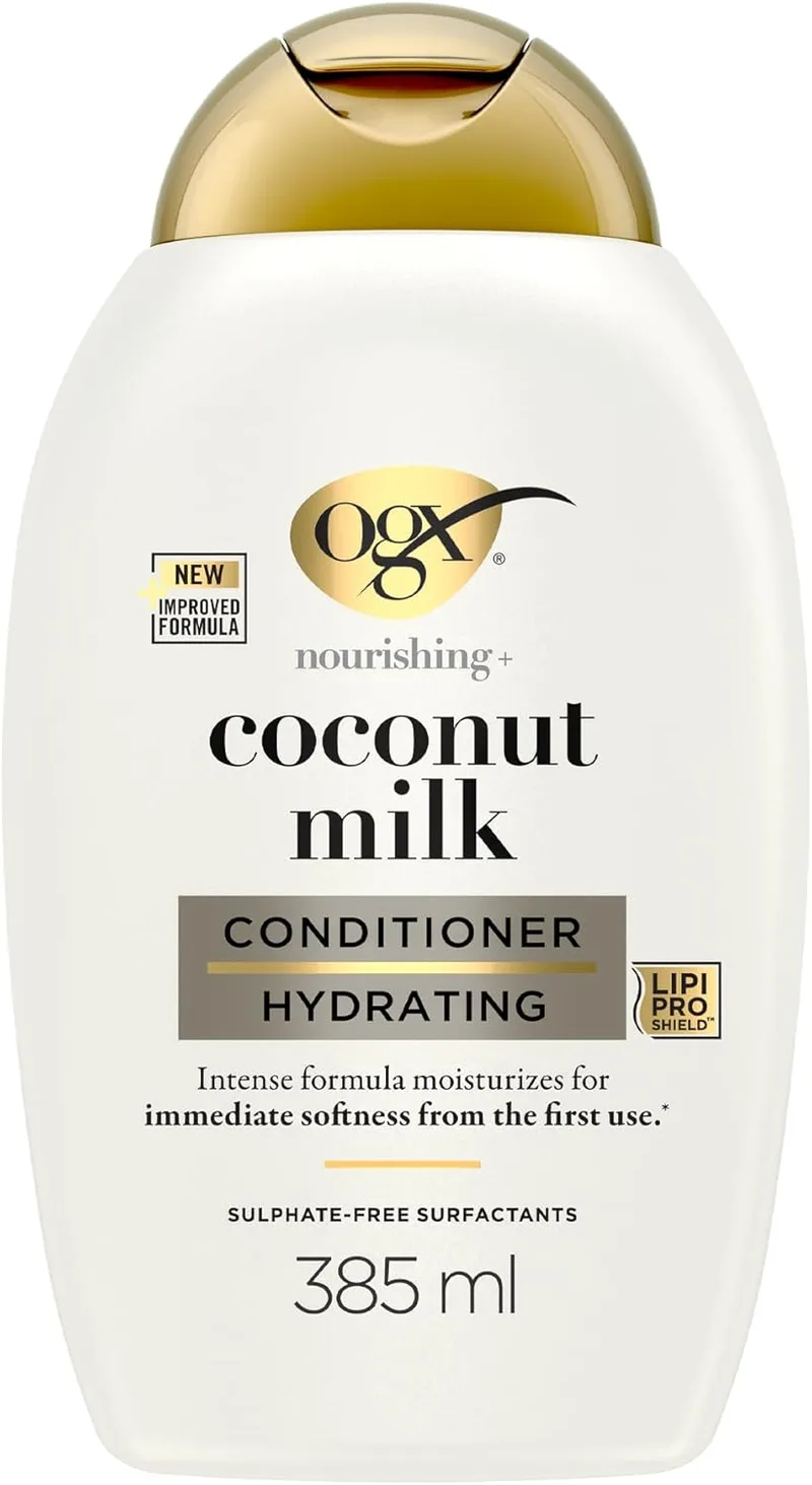 OGX ▫️ Nourishing + Coconut Milk Conditioner (385 ml), condicionador hidratante com leite e óleo de coco e proteína de leite hidrolisada, sem sulfatos, para cabelos secos