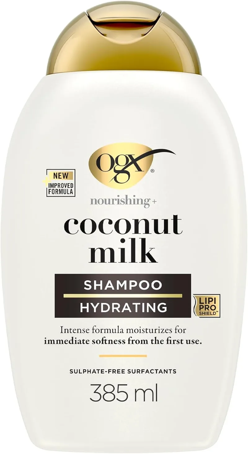 OGX ▫️ Nourishing + Coconut Milk Shampoo (385 ml), champô hidratante com leite e óleo de coco e proteína de leite hidrolisada, com tensioativos sem sulfatos, para cabelos secos