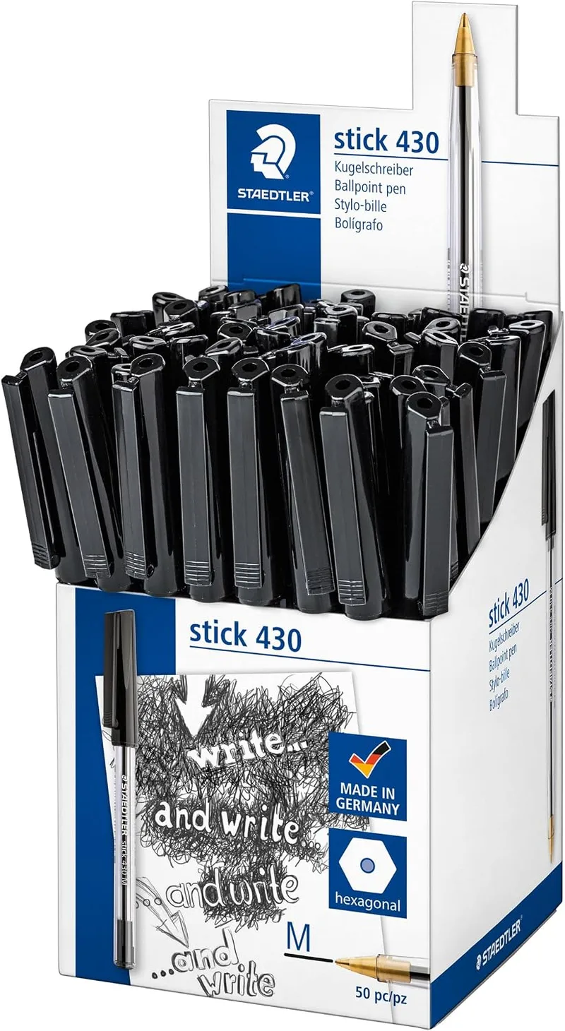 STAEDTLER ▫️ Stick 430 M-9CP5 - Caneta esferográfica de ponta média (50 unidades), cor preta