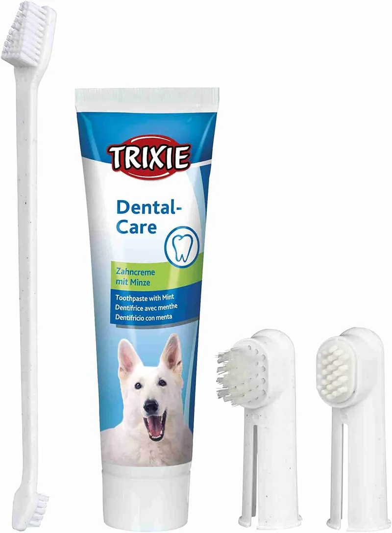 Trixie ▫️ Conjunto de higiene dentária para cães, pasta de dentes com menta (100 g), escova de dedos e escova de massagem, cuidado bucal completo, prevenção da placa bacteriana e do mau hálito