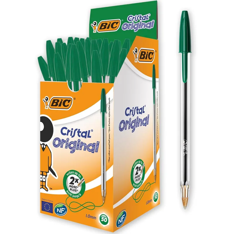 BIC ▫️ 8373629 Cristal Original - Caixa de 50 unidades, canetas esferográficas com ponta média de 1,0 mm, cor verde