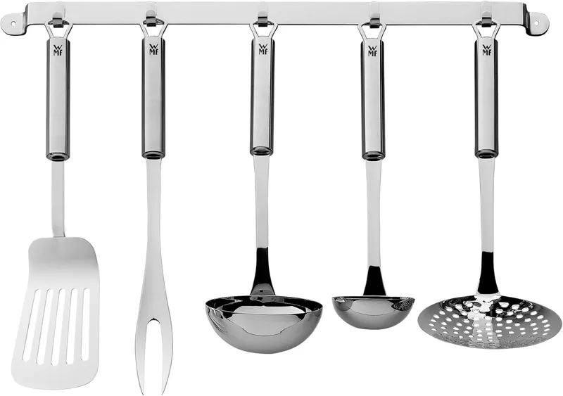 WMF ▫️ Profi Plus - Conjunto de cozinha de 6 peças, suporte para pendurar com 5 acessórios, concha, escumadeira, colher de molho, espátula, garfo para carne, aço inoxidável polido