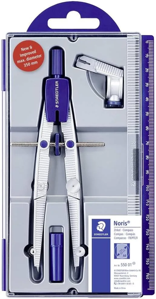 STAEDTLER ▫️ Noris 550 Compasso escolar de metal – ajuste rápido, Ø 395 mm | Eixo central para ajuste rápido, braços articulados – conjunto de geometria com estojo – N.º de artigo 550 01