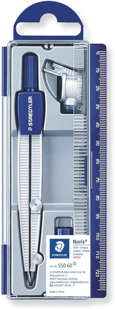 STAEDTLER ▫️ Conjunto de compasso escolar Noris 550 – Ø 30 cm, adaptador universal | Portaminas e adaptador universal, ponta de segurança – estojo com régua – N.º de artigo 550 60