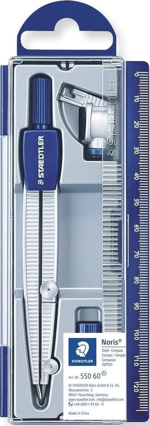 STAEDTLER ▫️ Conjunto de compasso escolar Noris 550 – Ø 30 cm, adaptador universal | Portaminas e adaptador universal, ponta de segurança – estojo com régua – N.º de artigo 550 60