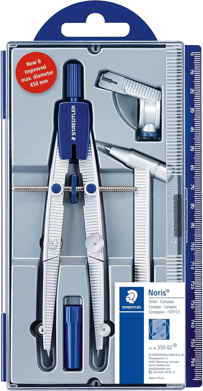 STAEDTLER ▫️ 550 02 - Compasso | Compasso de precisão com ajuste rápido, robusto – estojo com pontas de substituição – N.º de artigo 550 02