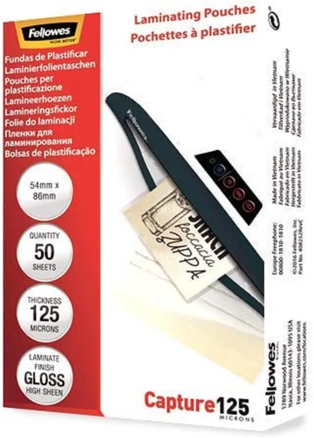 Fellowes ▫️ Mangas de laminação (54x86mm), acabamento brilhante, 50 folhas, 250 microns (2 x 125 microns), acabamento de qualidade, adequado para fotografias, cartões de identificação e pequenos documentos