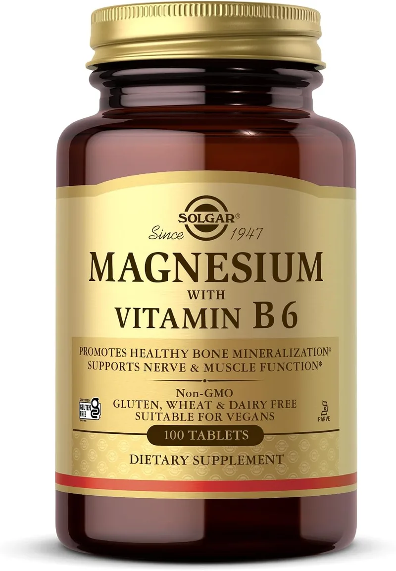 Solgar ▫️ Magnésio e Vitamina B6 | Suplemento alimentar que reduz a fadiga | Com magnésio e vitamina B6 | Para homens e mulheres | 100 cápsulas