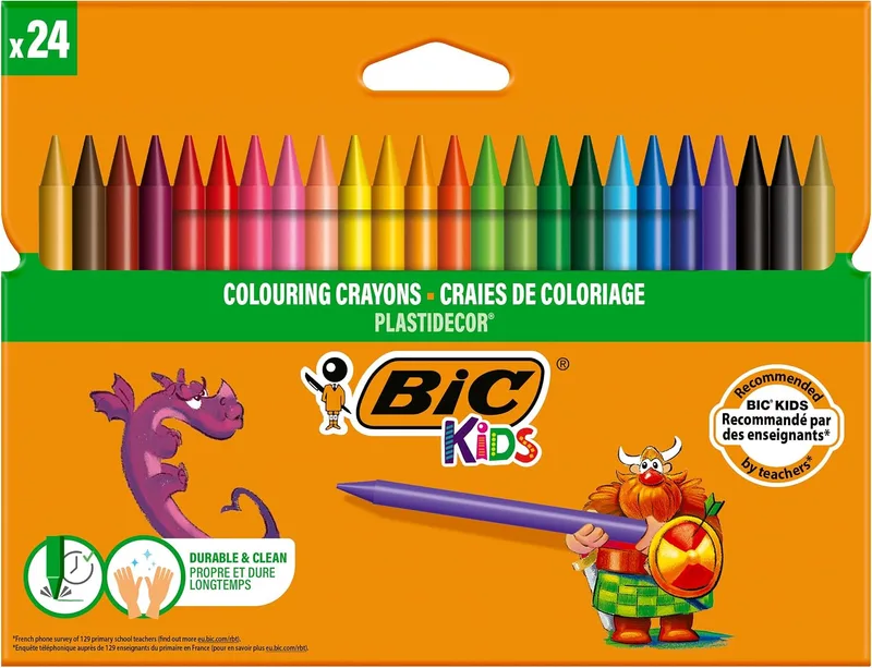 BIC ▫️ Kids - Giz de cera coloridos para crianças, Ótimos para material escolar, Plastidecor, cores vivas variadas, ideais para colorir, 24 giz de cera (embalagem de 1)