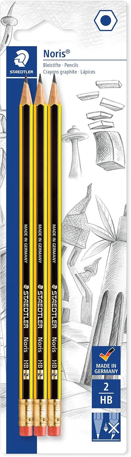 STAEDTLER ▫️ Noris 122 Lápis com borracha – HB, embalagem de 3
