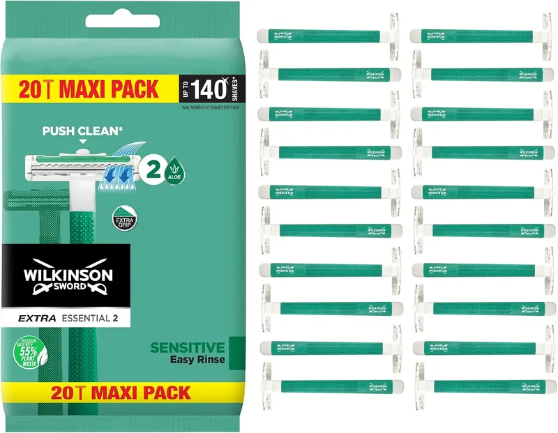 Wilkinson Sword ▫️ Extra 2 Sensitive - 20 lâminas de barbear descartáveis de 2 lâminas para homem, cabo antiderrapante e botão de limpeza