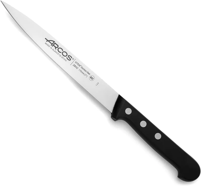 Arcos ▫️ Faca Cuchilloole/Peixe Aço inoxidável Nitrum e Lâmina 170 mm. Concebida para manusear e preparar peixe. Cabo ergonómico em polipropileno. Série UNIVERSAL. Cor preta.