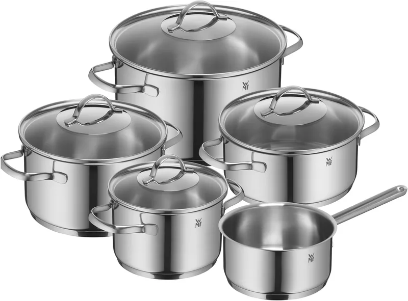 WMF ▫️ Provence Plus - Conjunto de cozinha de 9 peças, em aço inoxidável, adequado para fogões de indução, 1 panela rasa de 20 cm, 3 panelas altas de 16 cm, 20 cm e 24 cm, 1 caçarola de 16 cm com 4 tampas de vidro