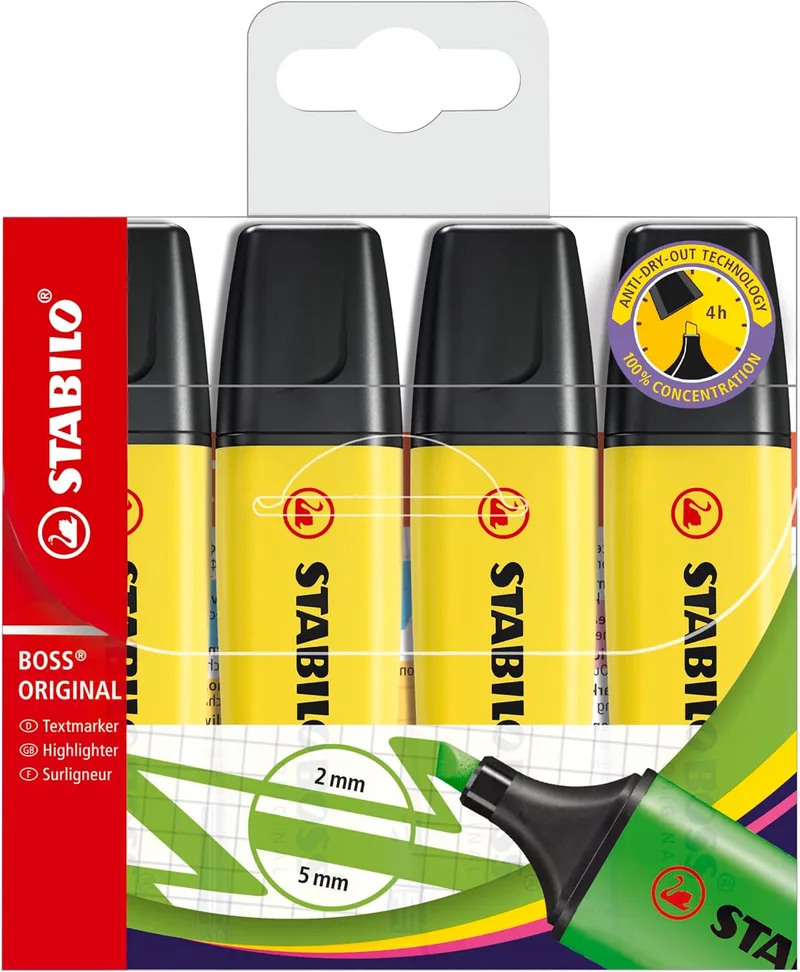 STABILO ▫️ marcador fluorescente - BOSS ORIGINAL | embalagem de 4, amarelo