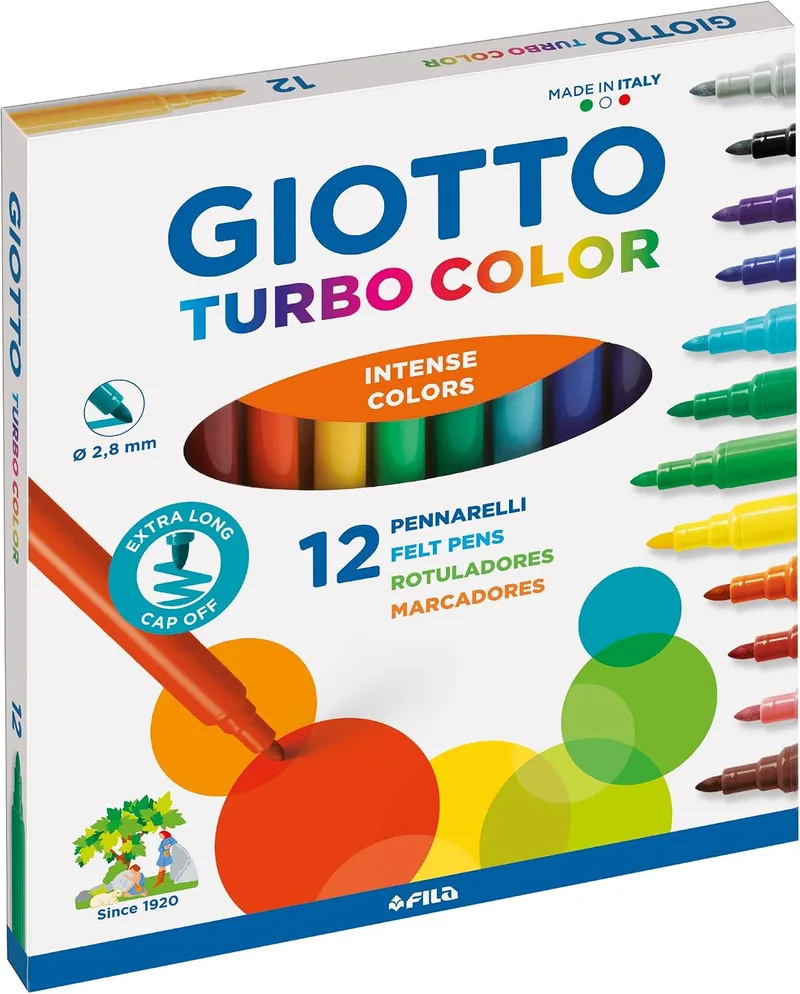 Giotto ▫️ Turbocolor, Marcadores, Ponta Fina, Ponta de 2,8 mm, Cores variadas, 12 unidades