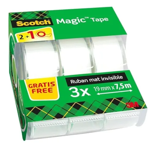 Scotch ▫️ Fita Adesiva Invisível Magic - 2 rolos de 19 mm x 7,5 m + 1 GRÁTIS - Fita adesiva de uso geral para reparação, etiquetagem e selagem de embalagens e documentos 2