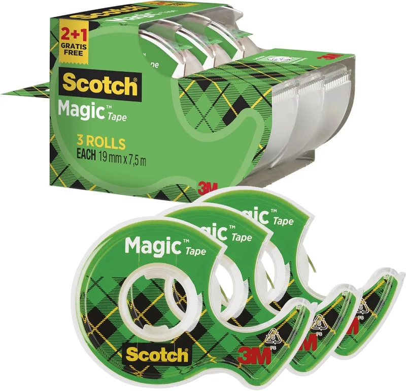 Scotch ▫️ Fita Adesiva Invisível Magic - 2 rolos de 19 mm x 7,5 m + 1 GRÁTIS - Fita adesiva de uso geral para reparação, etiquetagem e selagem de embalagens e documentos