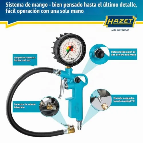 Hazet ▫️ Manómetro para pneus 9041-1 I Intervalo de medição: 0-12 bar, comprimento da mangueira: 400 mm, diâmetro: 63 mm I Manómetro para pneus de automóveis, motos e muito mais 4