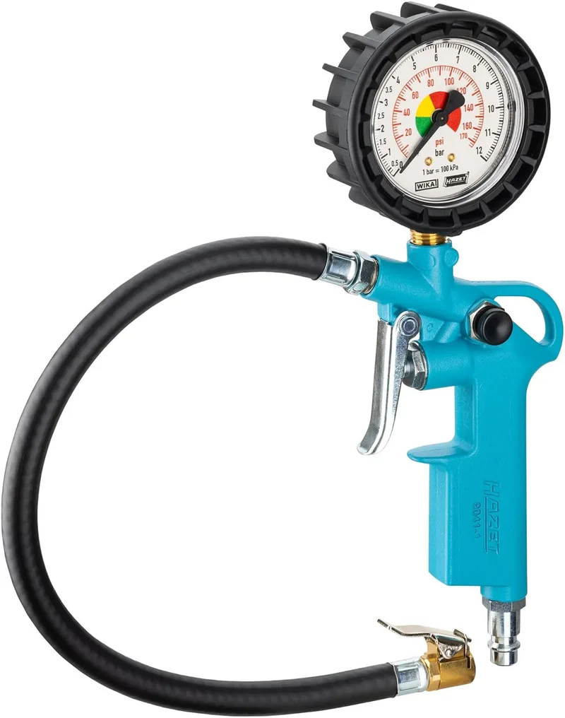 Hazet ▫️ Manómetro para pneus 9041-1 I Intervalo de medição: 0-12 bar, comprimento da mangueira: 400 mm, diâmetro: 63 mm I Manómetro para pneus de automóveis, motos e muito mais