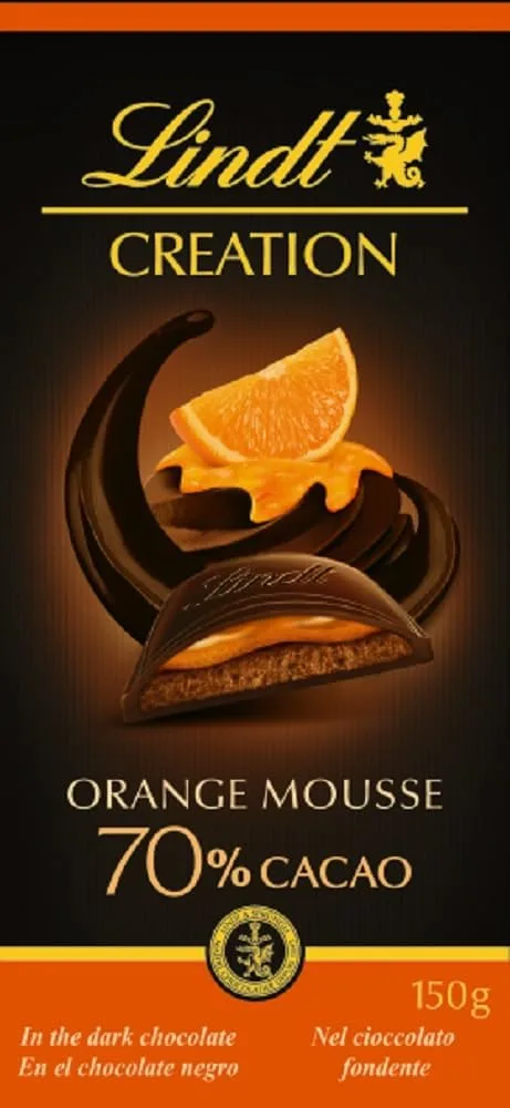 Lindt ▫️ Creation - Barra de chocolate negro 70% cacau com recheio de mousse e coulis de laranja, chocolate 150 g