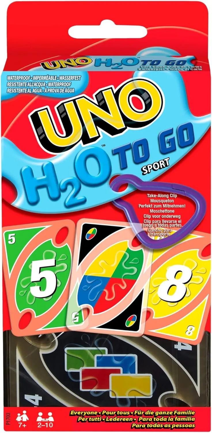 Mattel Games ▫️ UNO H20 To Go, jogo de cartas à prova de água, para crianças +7 anos e adultos, ideal para a praia, neve e viagens, P1703