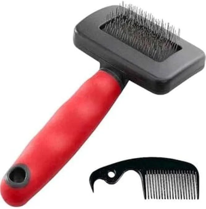 Ferplast ▫️ Escova para Cães - Pelo Médio e Longo - Cerdas Inclinadas e Pontas Arredondadas, Aço Inoxidável - Cabo Ergonómico Macio - Pente Extra Incluído - Tamanho S, Vermelho