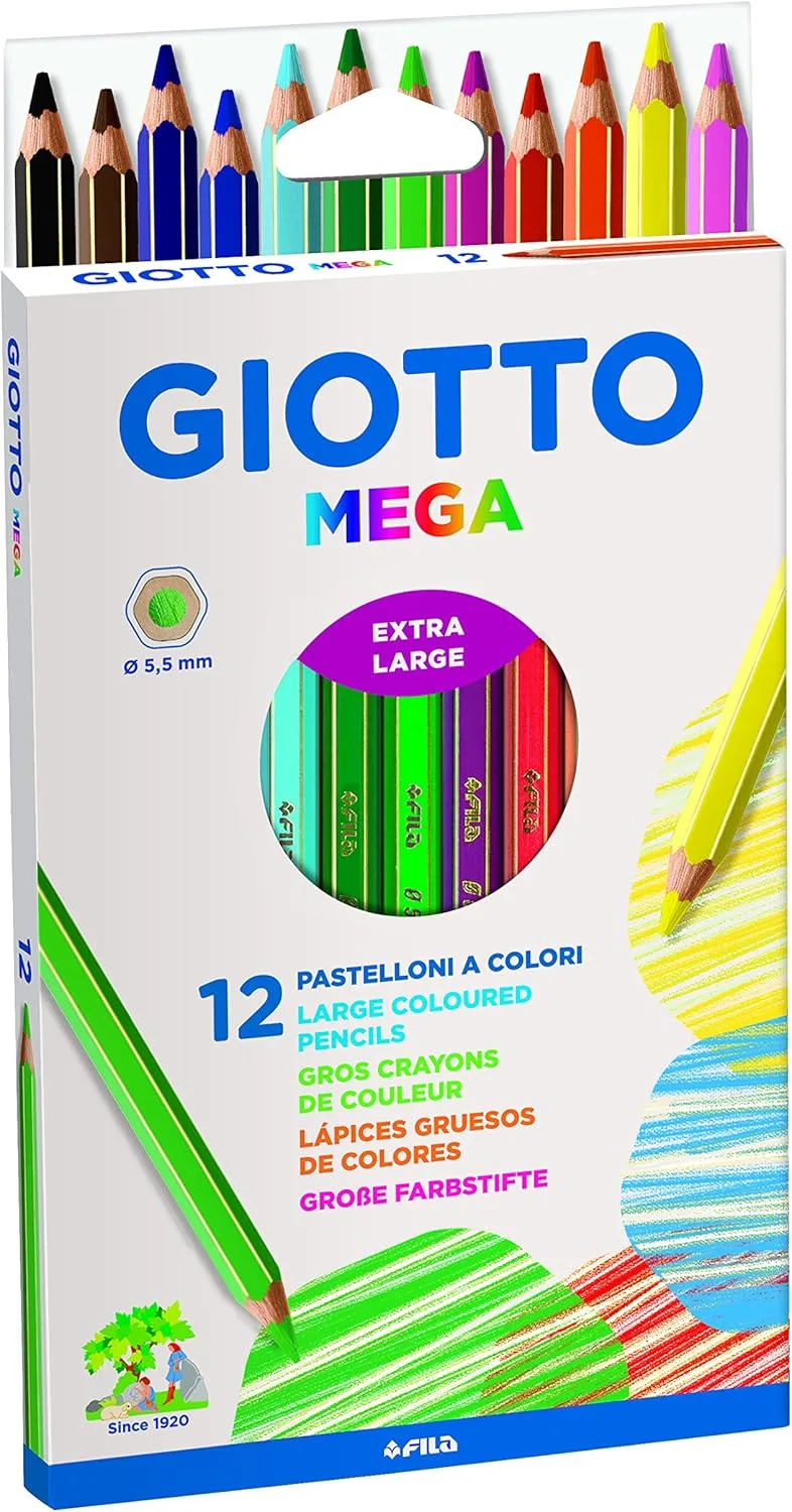 Giotto ▫️ Mega, Lápis de cor grossos, Forma hexagonal, Mina de 5,5 mm, Cores variadas, 12 unidades.