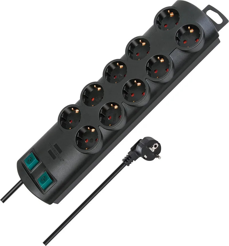Brennenstuhl ▫️ Bloco de tomadas Primera-Line com 10 tomadas eléctricas e 2 interruptores individuais (cabo de 2m, interrutor iluminado, montável) Preto