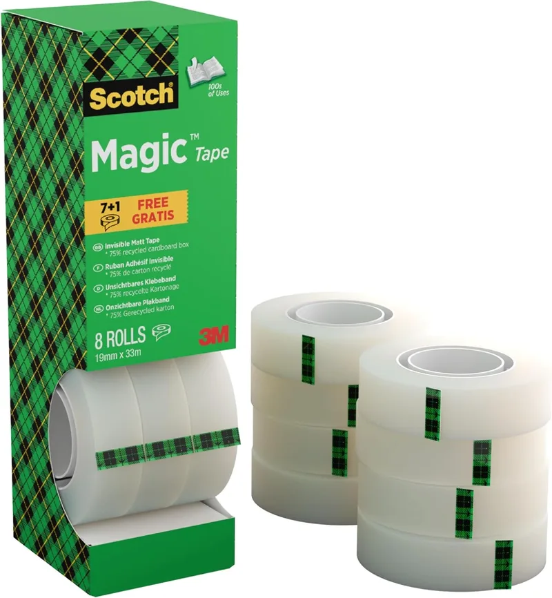 Scotch ▫️ Fita Adesiva Invisível Magic - Caixa com 8 rolos de 19 mm x 33 m - Fita adesiva de uso geral para reparação, etiquetagem e selagem de embalagens e documentos