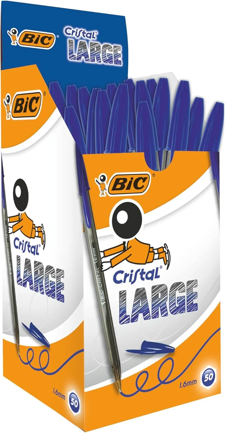 BIC ▫️ Canetas esferográficas Cristal Large com ponta média, para a escola, o escritório ou em casa, azuis, embalagem de 50 (1,6 mm)