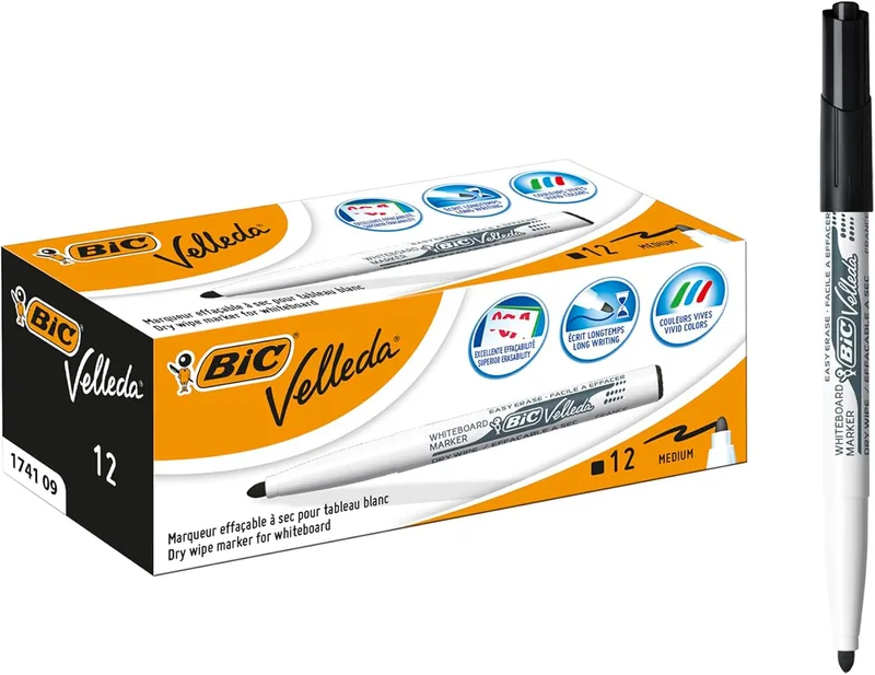 BIC ▫️ Velleda 1741 Marcadores para quadro branco com ponta média, ideais para a escola e o escritório, cor preta, embalagem de 12 unidades