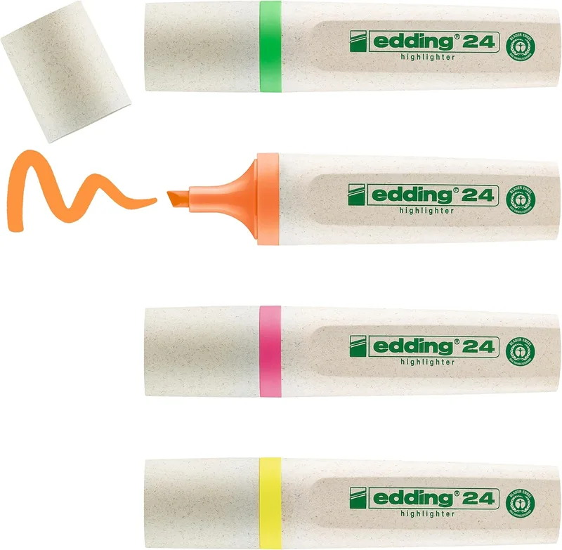 Edding ▫️ 24 EcoLine marcador fluorescente - conjunto de 4 - amarelo, laranja, rosa, verde - ponta biselada de 2-5 mm - para marcar e destacar textos/notas de forma rápida e simples - recarregável, material reciclável