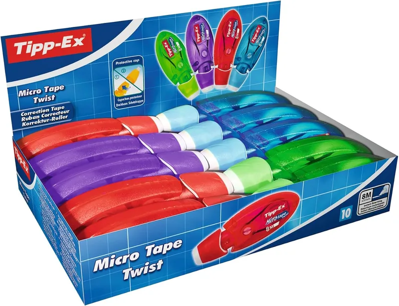BIC ▫️ Tipp-Ex Micro Tape Twist - Fitas corretoras 8 m x 5 mm - cores sortidas, caixa de 10 unidades