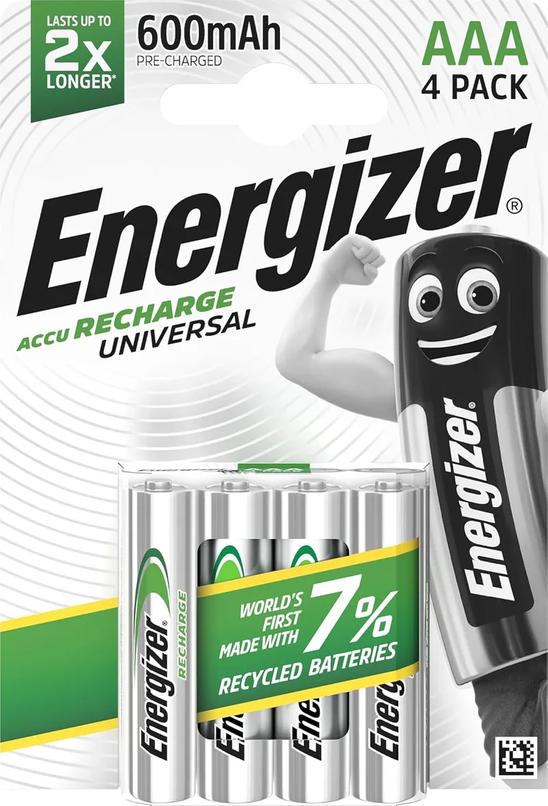 Energizer ▫️ Recharge Universal - Pilha recarregável AAA (embalagem de 4) - 600 mAh NiMH - pré-carregada - para dispositivos de utilização frequente e centenas de recargas - Embalagem 100 % reciclável e sem plástico