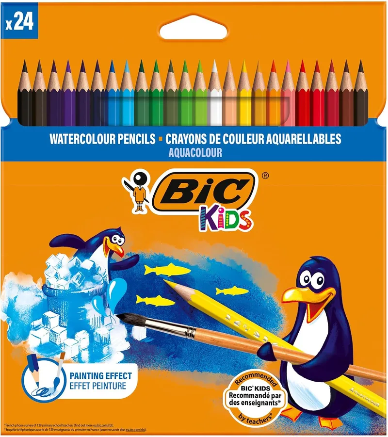 BIC Kids ▫️ Aquacouleur, Regresso às Aulas, Lápis de aguarela com efeito de pintura, Embalagem de 24 unidades