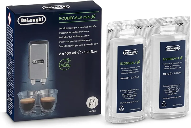 De'Longhi ▫️ EcoDecalk Mini Descalcificador DLSC200, 2 doses de descalcificação, descalcificador para máquinas de café, acessório de manutenção para máquinas de café, ingredientes à base de plantas, 2x100ml