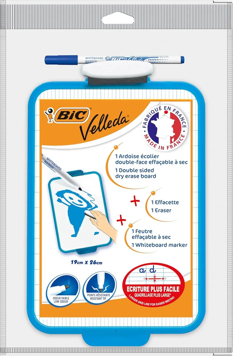 BIC ▫️ Velleda Quadro branco de apagar a seco de dupla face pequeno com caneta marcadora azul e apagador, 19x26cm, ótimo para material escolar