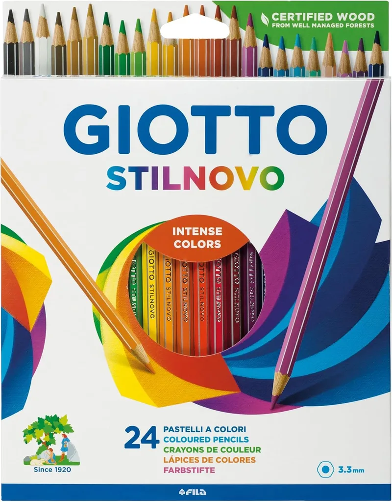 Giotto ▫️ Stilnovo, Lápis de cor, Forma hexagonal, Mina de 3,3 mm, Cores variadas, 24 unidades