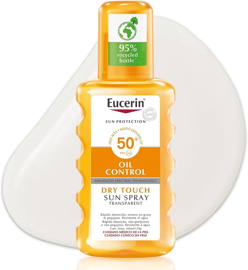 Eucerin ▫️ Oil Control Dry Touch Spray Transparente (200 ml), spray protetor solar FPS 50+ com filtros UVA/UVB, creme corporal anti-brilho para peles oleosas e com tendência acneica
