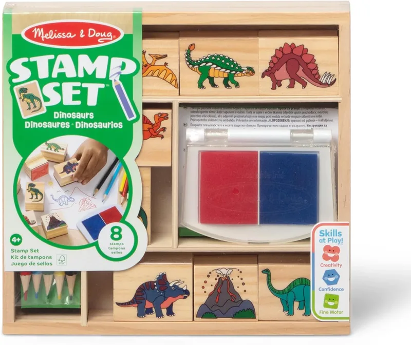 Melissa & Doug - Conjunto de carimbos de dinossauro, carimbos de madeira para crianças: Dinossauros, Vulcão + tinta e lápis de cor - 6074862 - Trabalhos manuais para crianças - Prenda para crianças a partir dos 4 anos - Certificado FSC
