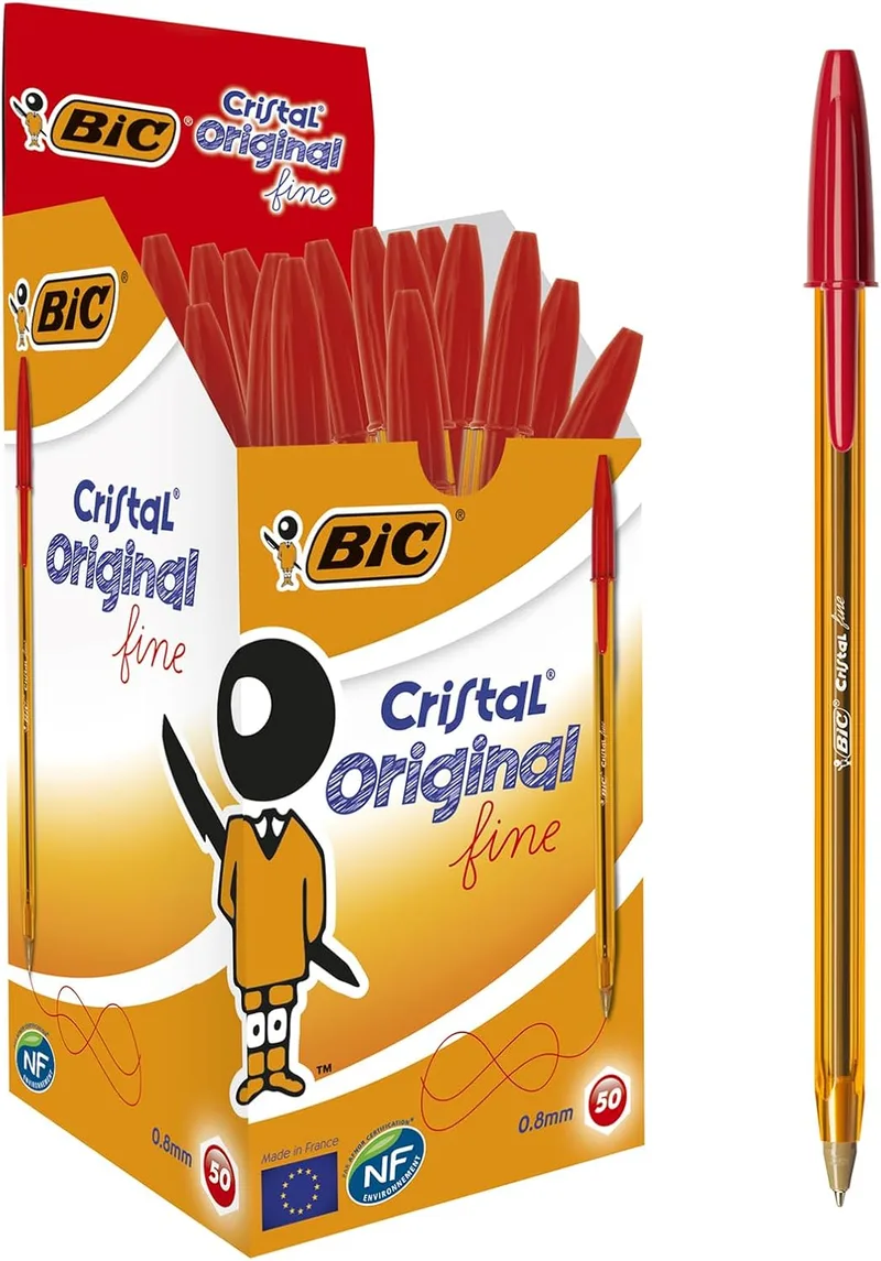BIC ▫️ Canetas esferográficas Cristal Original Fine com ponta fina (0,8 mm) - Vermelho, caixa de 50 unidades