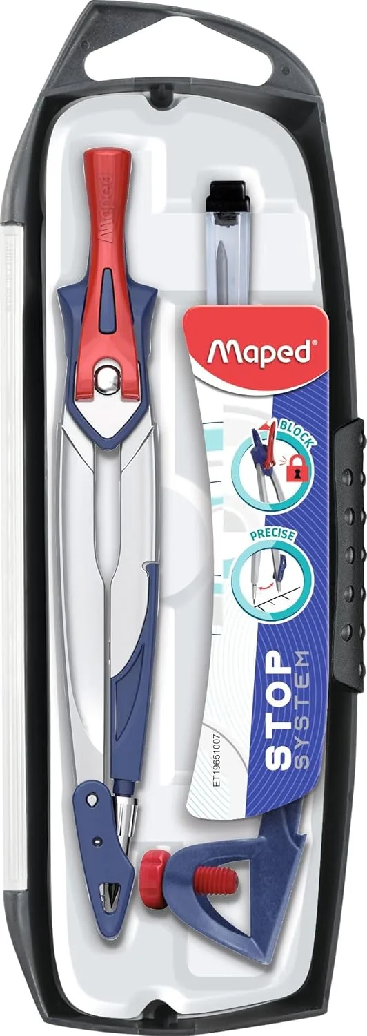 Maped ▫️ Material Escolar - Stop System Caixa de 3 Peças - Compasso Escolar de Precisão - Inclui 1 Braçadeira Universal e 1 Estojo de Minas - Sistema de Bloqueio dos Braços