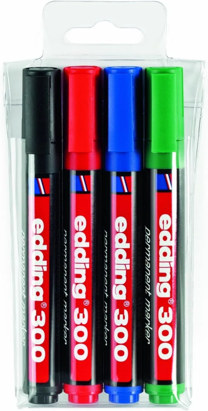 Edding ▫️ Marcadores permanentes 300-4 - Preto - Vermelho - Azul - Verde - Ponta redonda 1,5-3 mm
