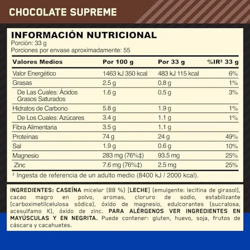 Optimum Nutrition ▫️ Gold Standard 100% Proteína de Caseína em Pó, Sabor Chocolate Supremo, 1,82 kg, 55 porções 7
